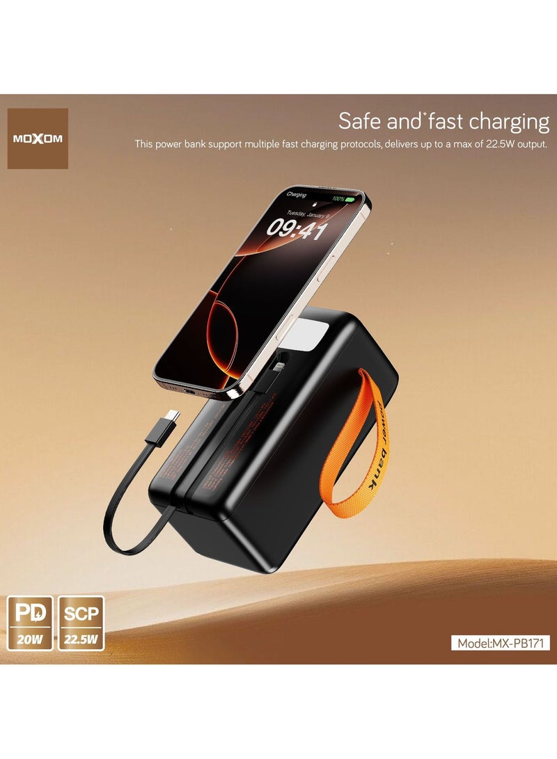 MOXOM 50000mAh Power Bank MX-PB171– PD 20W and SCP 22.5W Fast Charging, LCD Display, Dual Data Cable and Lanyard Included Black - Image 3