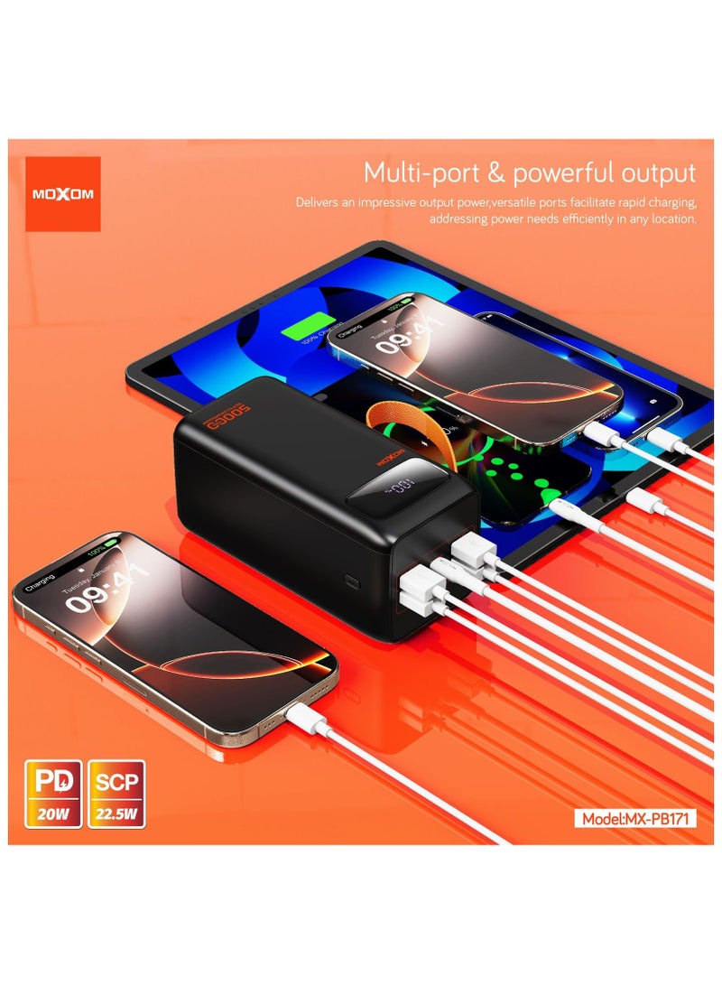 MOXOM 50000mAh Power Bank MX-PB171– PD 20W and SCP 22.5W Fast Charging, LCD Display, Dual Data Cable and Lanyard Included Black - Image 4
