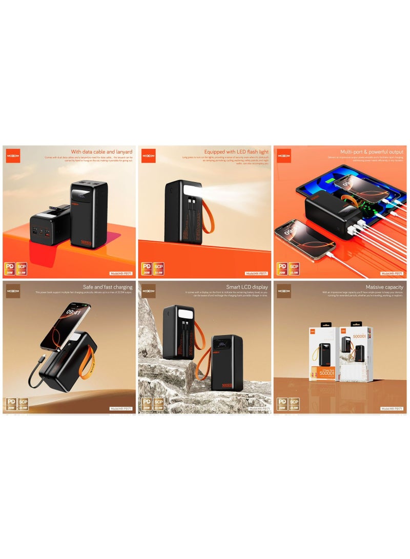 MOXOM 50000mAh Power Bank MX-PB171– PD 20W and SCP 22.5W Fast Charging, LCD Display, Dual Data Cable and Lanyard Included Black - Image 5