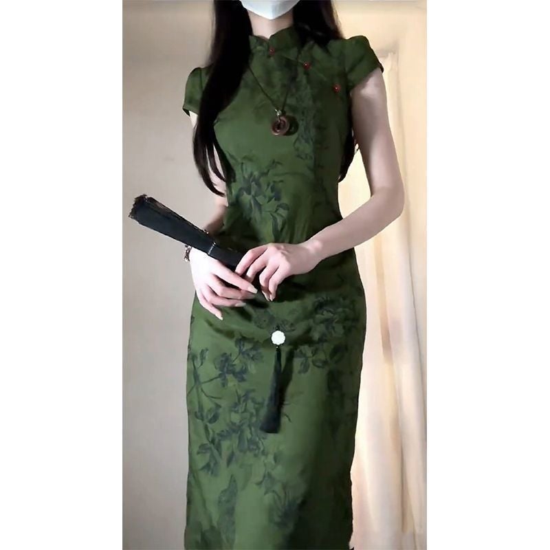 New Chinese Style Women'S Ink Painting Cheongsam Improved Young Figure Elegant Vintage Floral Dress Women'S Summer - Image 5