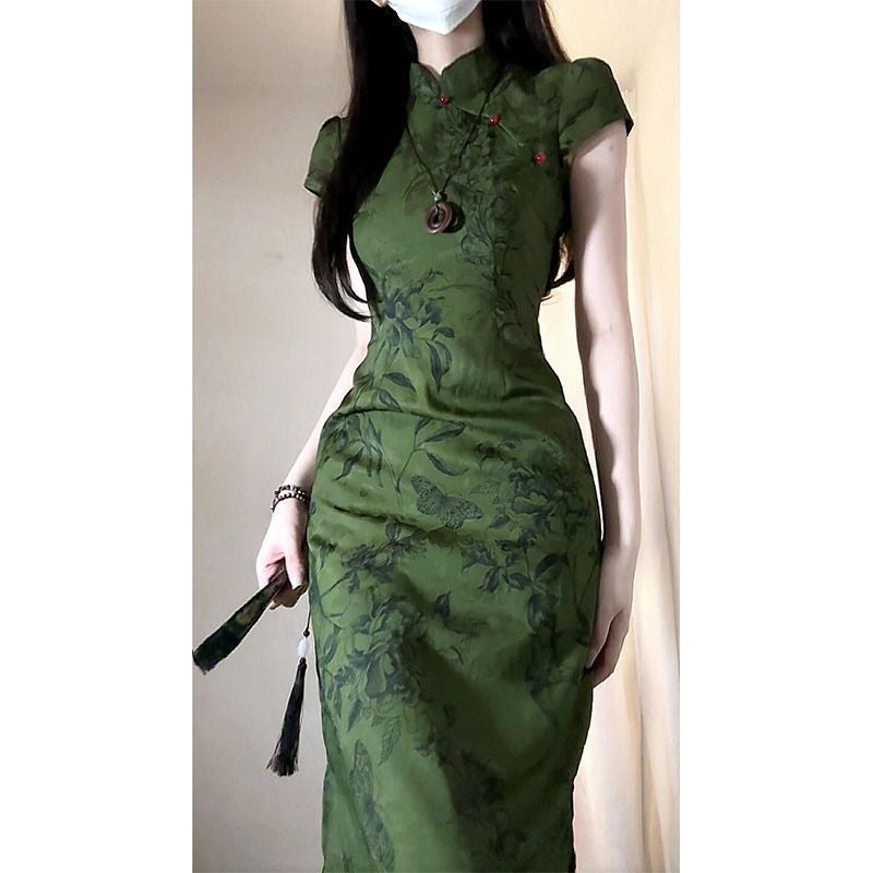 New Chinese Style Women'S Ink Painting Cheongsam Improved Young Figure Elegant Vintage Floral Dress Women'S Summer - Image 2