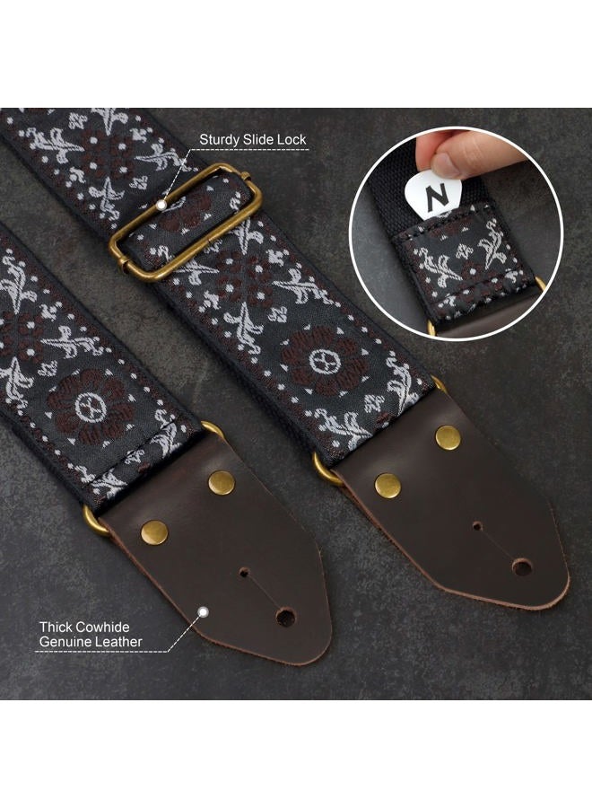 Nefelibata Guitar Strap,Crazy Horse Leather Jacquard Embroidery Cotton Guitar Straps for Bass, Electric & Acoustic, Best Gifts for Guitarists(Boho Light Blue Chequered) - Image 3