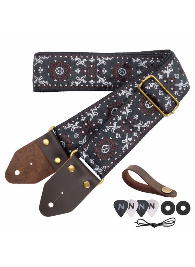 Nefelibata Guitar Strap,Crazy Horse Leather Jacquard Embroidery Cotton Guitar Straps for Bass, Electric & Acoustic, Best Gifts for Guitarists(Boho Light Blue Chequered) - Image 1