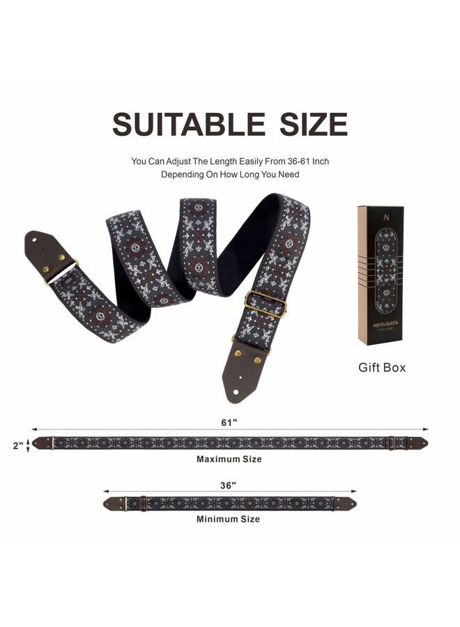 Nefelibata Guitar Strap,Crazy Horse Leather Jacquard Embroidery Cotton Guitar Straps for Bass, Electric & Acoustic, Best Gifts for Guitarists(Boho Light Blue Chequered) - Image 5