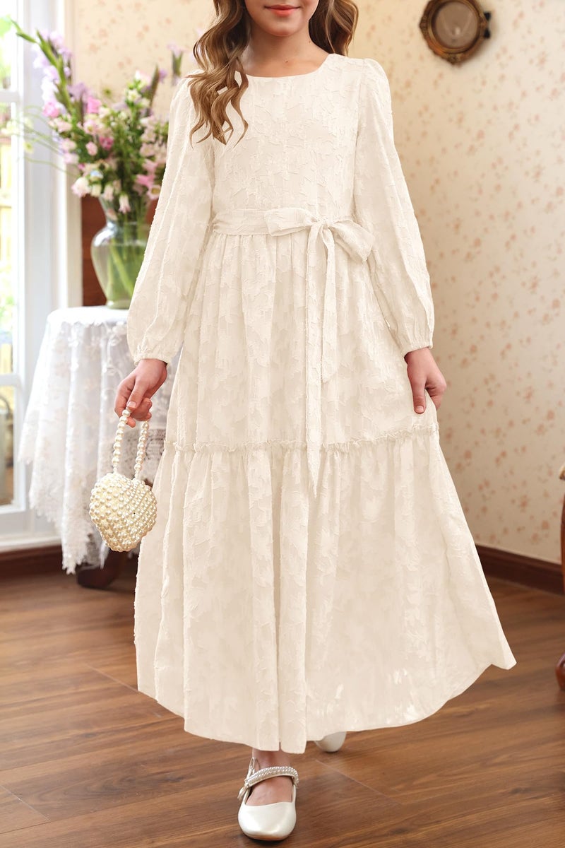 MITILLY Girls Long Sleeve Dress Elegant Floral Crew Neck A-Line Elastic Waist Formal Maxi Dresses with Belt 8 Years Apricot - Image 2