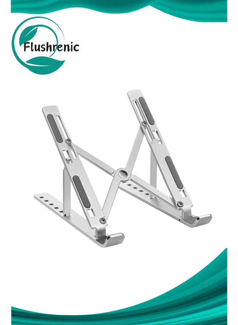 Flushrenic Aluminium Portable Laptop Stand,with Adjustable Height,Ventilated Foldable Lapdesk Notebook Stand with Carry Pouch for Laptops,MacBooks,Tablets and Books (Silver) - Image 1