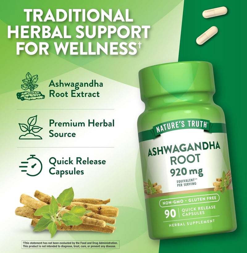 Nature's Truth Ashwagandha Root 920mg Capsules – Herbal Supplement for Stress Support, Non-GMO, Gluten Free, 90 Quick Release Capsules - Image 2