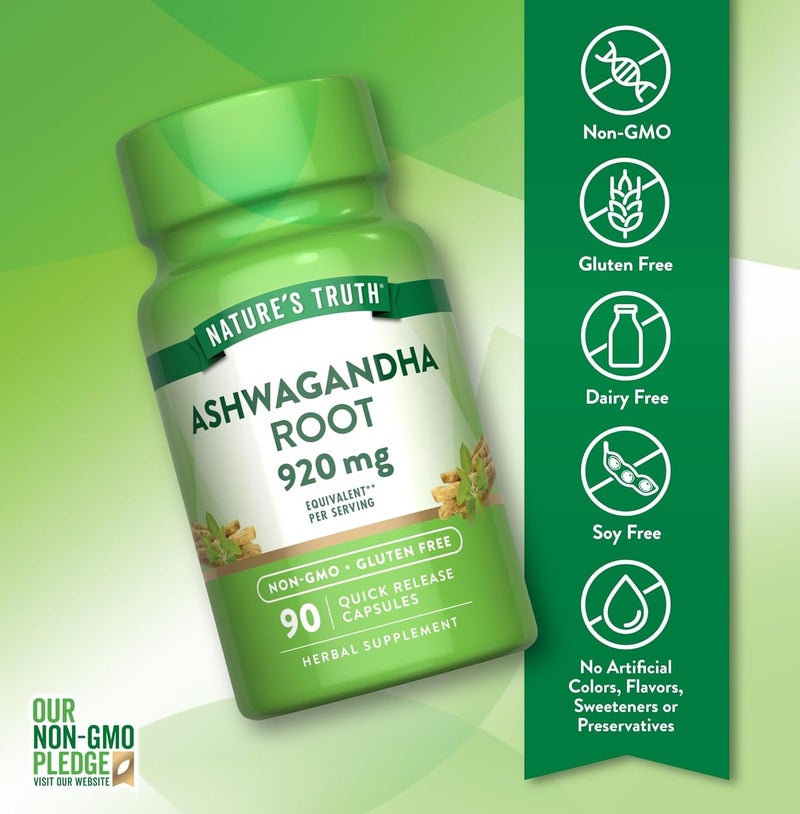 Nature's Truth Ashwagandha Root 920mg Capsules – Herbal Supplement for Stress Support, Non-GMO, Gluten Free, 90 Quick Release Capsules - Image 3
