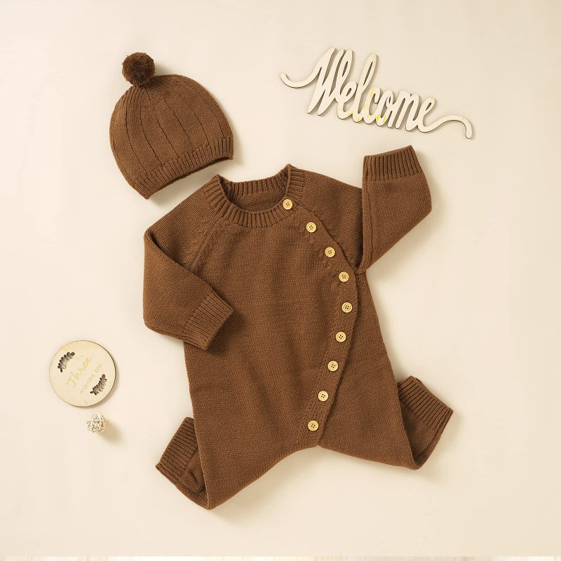 Kutterild Newborn Baby Boy Girl Footie Romper Waffle Knit Side Button Jumpsuit Infant Sweater Coverall with Hat (Brown, 0-3 Months) - Image 4