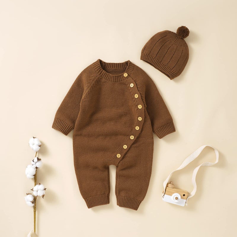Kutterild Newborn Baby Boy Girl Footie Romper Waffle Knit Side Button Jumpsuit Infant Sweater Coverall with Hat (Brown, 0-3 Months) - Image 3