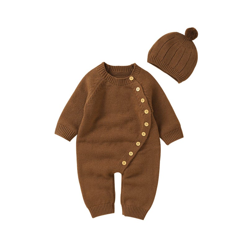 Kutterild Newborn Baby Boy Girl Footie Romper Waffle Knit Side Button Jumpsuit Infant Sweater Coverall with Hat (Brown, 0-3 Months) - Image 1