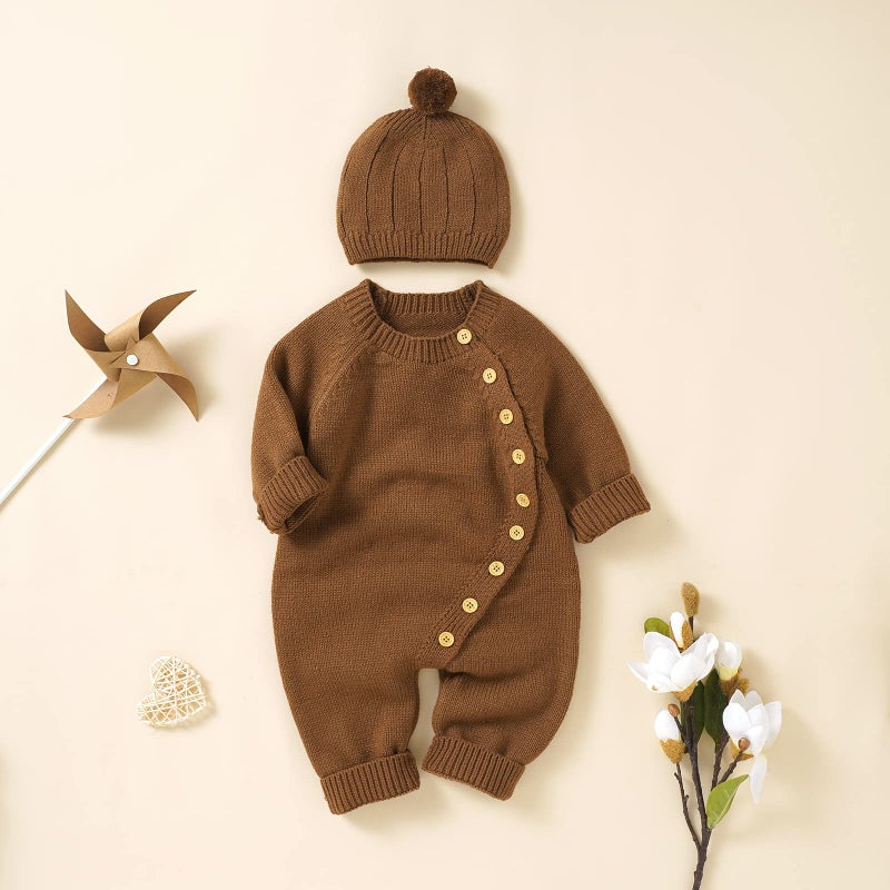 Kutterild Newborn Baby Boy Girl Footie Romper Waffle Knit Side Button Jumpsuit Infant Sweater Coverall with Hat (Brown, 0-3 Months) - Image 2
