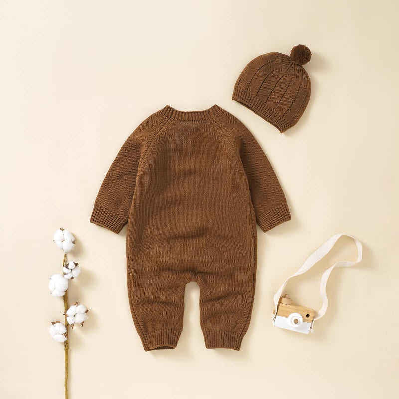 Kutterild Newborn Baby Boy Girl Footie Romper Waffle Knit Side Button Jumpsuit Infant Sweater Coverall with Hat (Brown, 0-3 Months) - Image 5