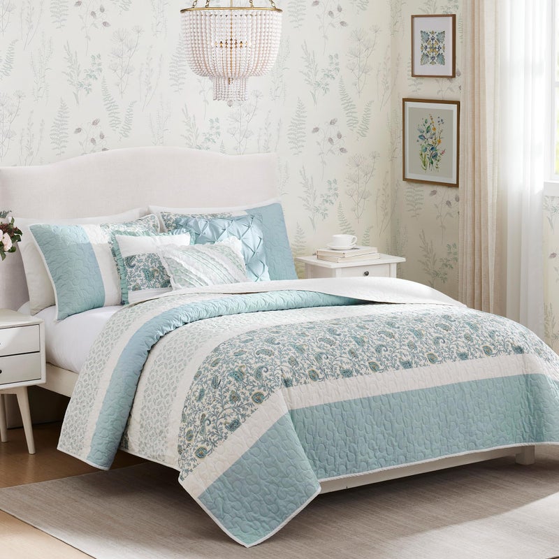 Madison Park 100 Cotton Quilt Set Floral Print Double Sided Stitching All Season Lightweight Coverlet Shabby Chic Bedding Layer Matching Shams FullQueen Light Teal 6 PieceAqua