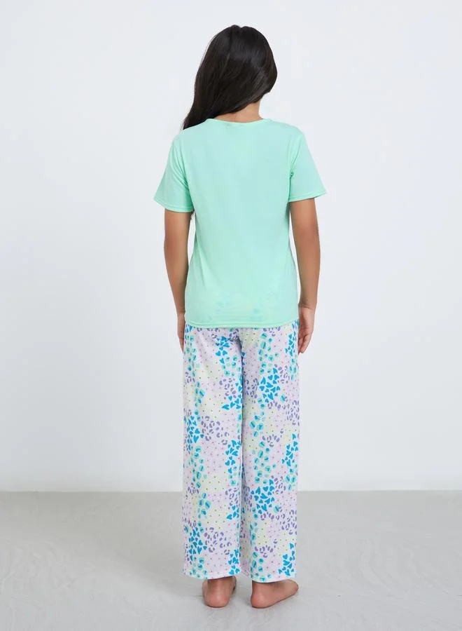 Styli Styli Round Neck T-Shirt and Printed Pyjama Set