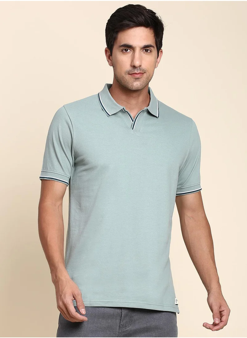 Dennis Lingo Teal Regular Fit T-shirt for Men - 100% Cotton, Solid, Polo Collar, Polo Neck, Half Sleeves, Casual