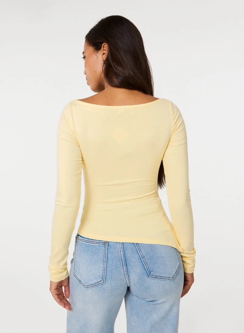 بينك فانيلا Asymmetric Boat Neck Long Sleeve Top