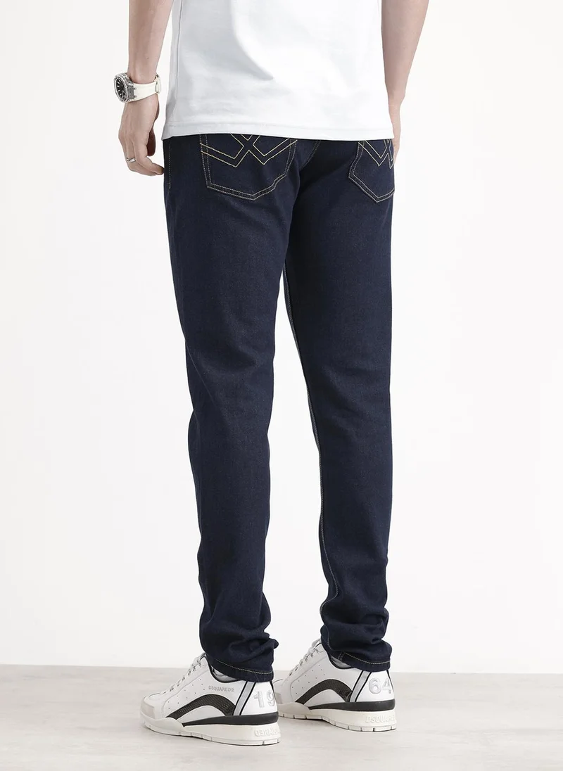 Wrogn  Slim Tapered Washed Denim Jeans | Dark Blue for Men | Best Price UAE
