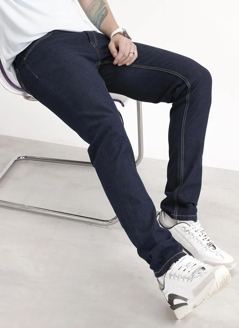 Slim Tapered Washed Denim Jeans | Dark Blue