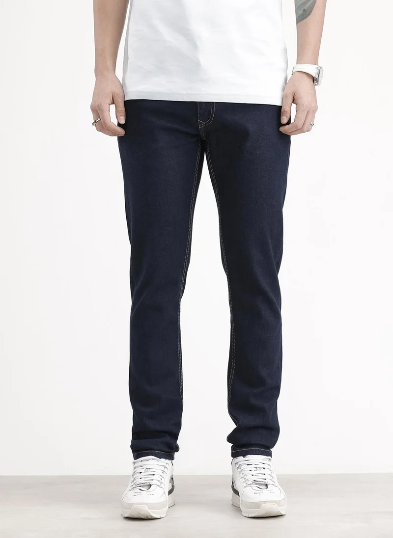 Wrogn  Slim Tapered Washed Denim Jeans | Dark Blue for Men | Best Price UAE