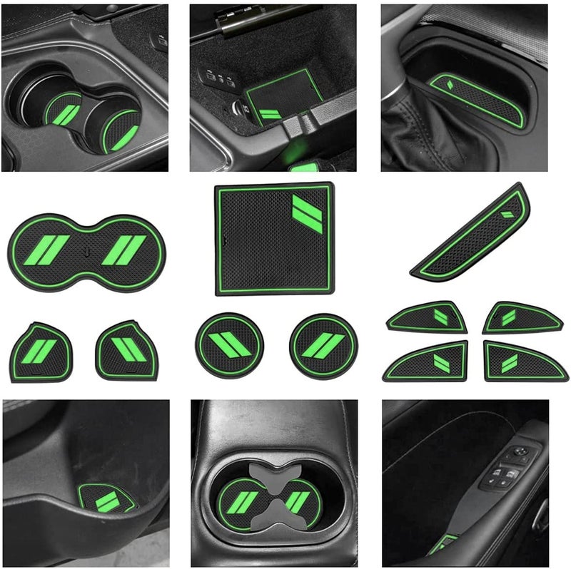 YANWEN Custom Fit for 2015-2020 Dodge Challenger Cup Holder Insert & Center Console Shifter Liner Trim Mats, Dodge Challenger Interior Accessories Cup Door Center Console Liner (11pcs, Green) - Image 1