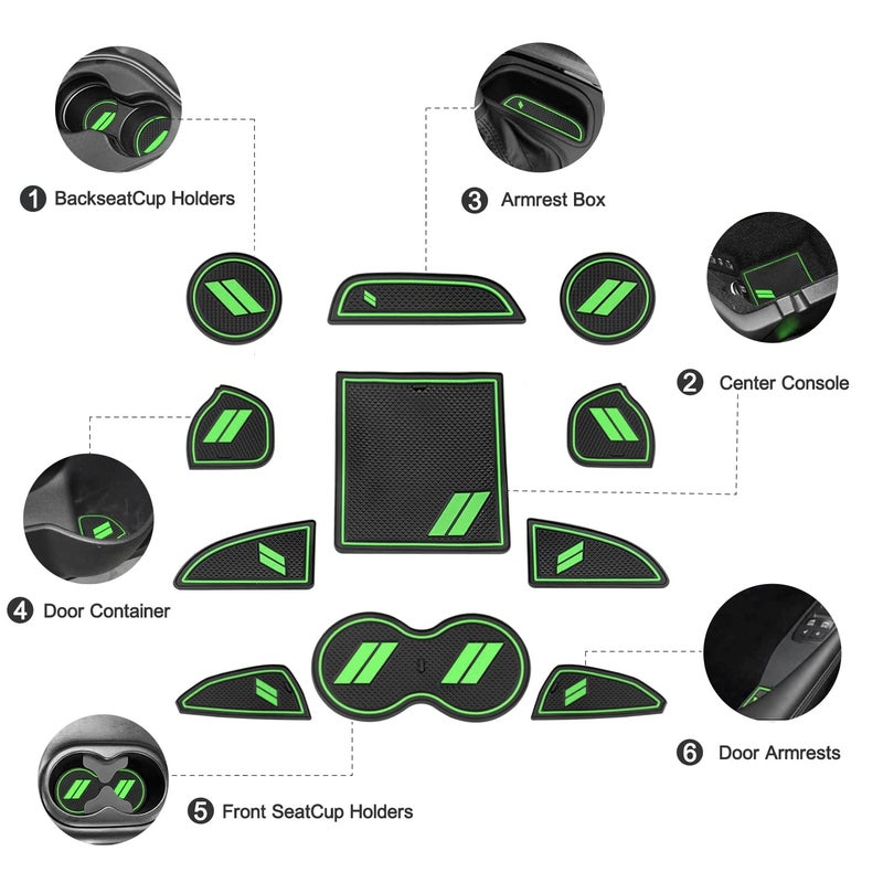 YANWEN Custom Fit for 2015-2020 Dodge Challenger Cup Holder Insert & Center Console Shifter Liner Trim Mats, Dodge Challenger Interior Accessories Cup Door Center Console Liner (11pcs, Green) - Image 3