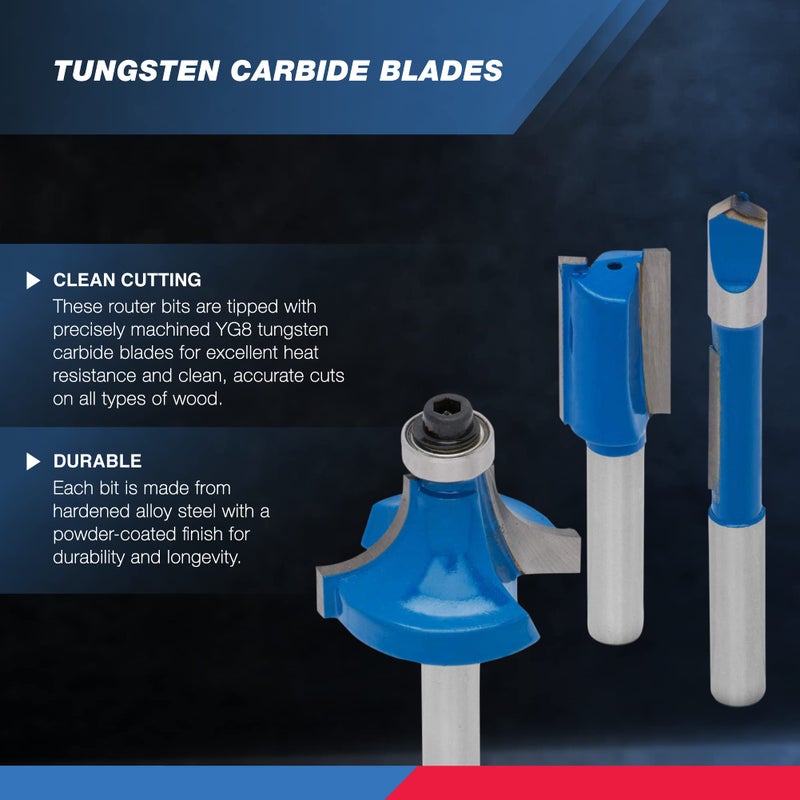 HILTEX 10100 Tungsten Carbide Router Bits, 15 Piece Router Bit Set, 1/4â€ Router Bit Shank Tungsten Carbide Router Bits, Chamfer for Woodworking on Wood, Blue - Image 2
