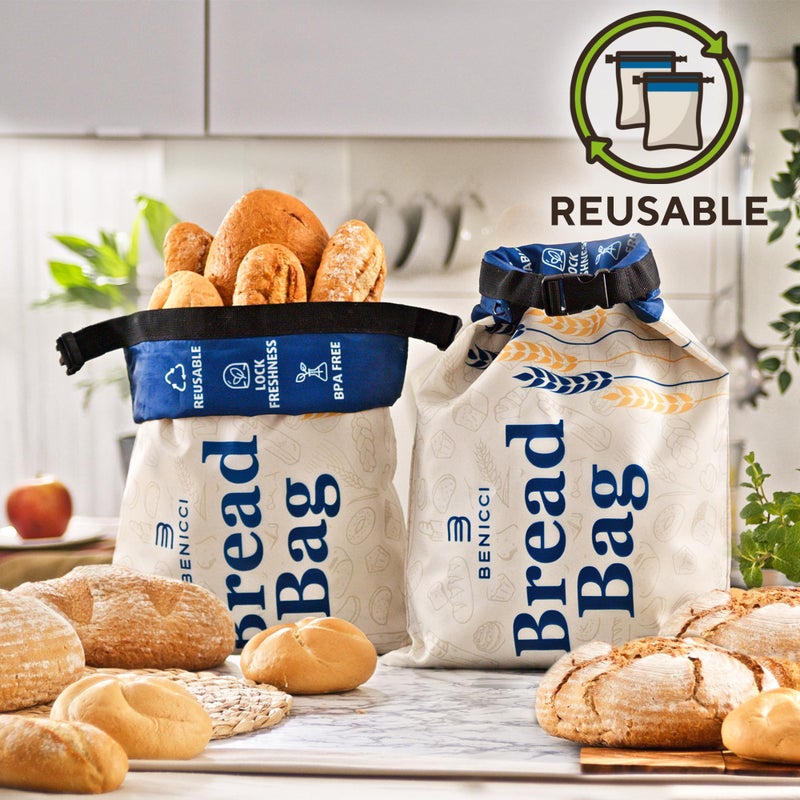 Benicci 2 Pack Reusable Bread Bags - Perfect To Store Homemade Sourdough Loaf Breads - Special Double-Lock for Longer Freshness - Extra Large Food-Grade Bags - Freezer-Safe Bags for Bread Lovers - Image 2