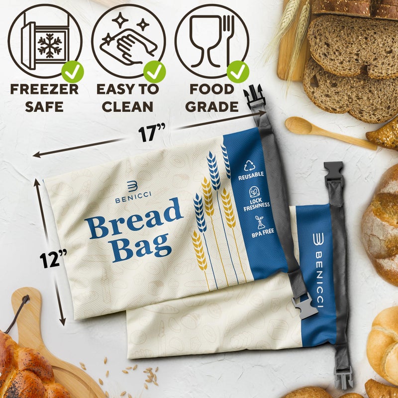 Benicci 2 Pack Reusable Bread Bags - Perfect To Store Homemade Sourdough Loaf Breads - Special Double-Lock for Longer Freshness - Extra Large Food-Grade Bags - Freezer-Safe Bags for Bread Lovers - Image 3