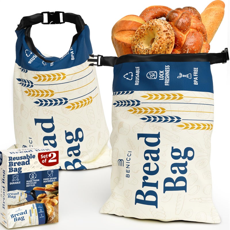 Benicci 2 Pack Reusable Bread Bags - Perfect To Store Homemade Sourdough Loaf Breads - Special Double-Lock for Longer Freshness - Extra Large Food-Grade Bags - Freezer-Safe Bags for Bread Lovers - Image 1