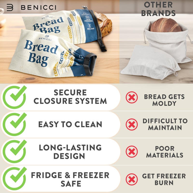 Benicci 2 Pack Reusable Bread Bags - Perfect To Store Homemade Sourdough Loaf Breads - Special Double-Lock for Longer Freshness - Extra Large Food-Grade Bags - Freezer-Safe Bags for Bread Lovers - Image 4