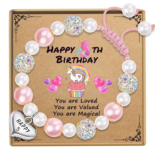 Sereney 5 Year Old Girl Birthday Gift Ideas, Adjustable Pink White Pearl Bracelet as Five Year 5yr Old 5th Birthday Gifts for Teen Girls Daughter Niece Granddaughter - Image 1