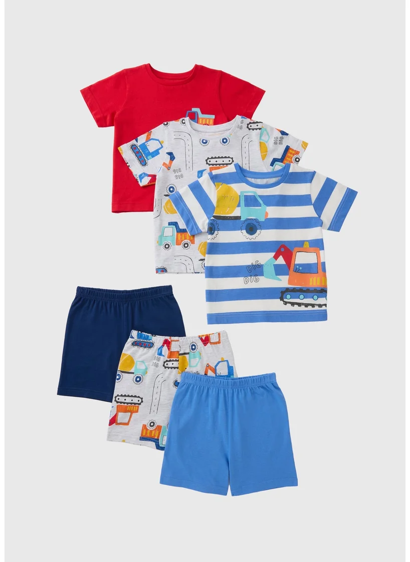 Matalan Boys 3 Pack Red Transport Pyjama Top & Shorts Set