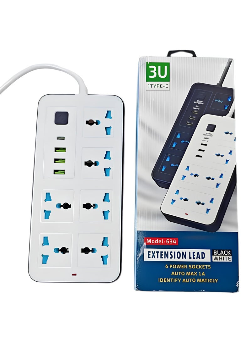 بروفيسور مشترك كهرباء و سلك تمديد عالمي من الاستاذ مع 6 مقابس طاقة و٢ فتحات USB و فتحة TYPE-C بطول ٢ متر، شريط طاقة رباعي الاتجاهات مع فتحة شحن USB نوع C بي دي، وصلة تمديد - ابيض ٢ متر - Image 1