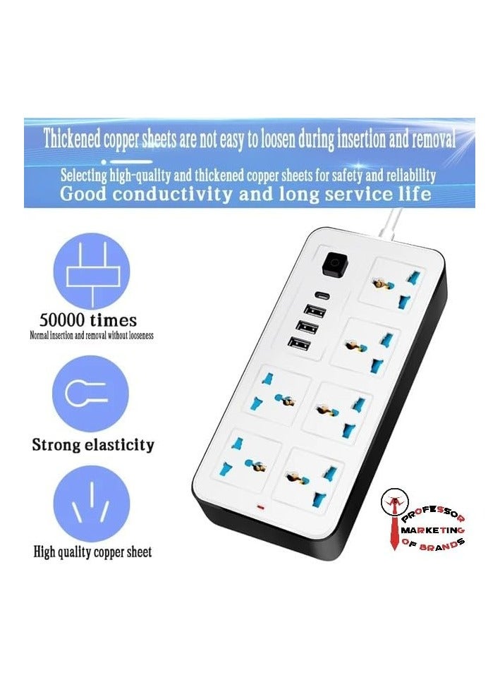 بروفيسور مشترك كهرباء و سلك تمديد عالمي من الاستاذ مع 6 مقابس طاقة و٢ فتحات USB و فتحة TYPE-C بطول ٢ متر، شريط طاقة رباعي الاتجاهات مع فتحة شحن USB نوع C بي دي، وصلة تمديد - ابيض ٢ متر - Image 5