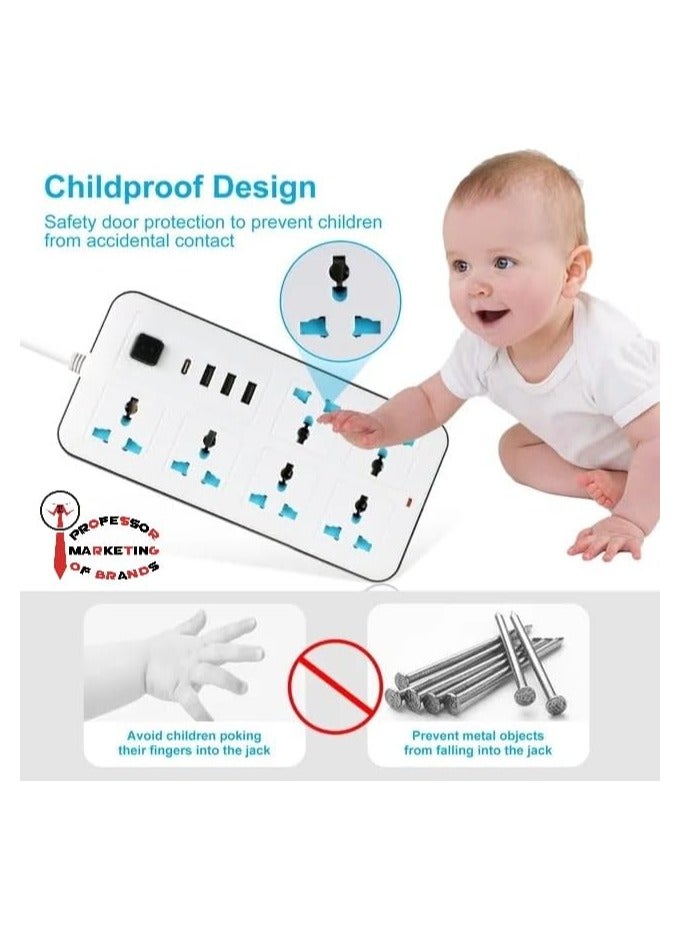 بروفيسور مشترك كهرباء و سلك تمديد عالمي من الاستاذ مع 6 مقابس طاقة و٢ فتحات USB و فتحة TYPE-C بطول ٢ متر، شريط طاقة رباعي الاتجاهات مع فتحة شحن USB نوع C بي دي، وصلة تمديد - ابيض ٢ متر - Image 2