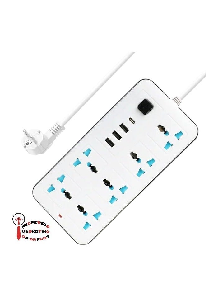 بروفيسور مشترك كهرباء و سلك تمديد عالمي من الاستاذ مع 6 مقابس طاقة و٢ فتحات USB و فتحة TYPE-C بطول ٢ متر، شريط طاقة رباعي الاتجاهات مع فتحة شحن USB نوع C بي دي، وصلة تمديد - ابيض ٢ متر - Image 3