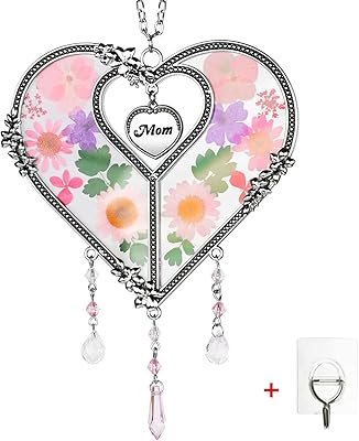 GUOER GUOER Heart Suncatcher with Pressed Flower Ornament Stained Glass Wind Chimes with Real Flowers,Birthday for Favorite  - Image 1