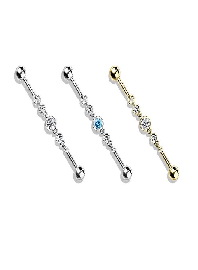 Pierced Owl 14GA Triple CZ Rounds on a Chain 316L Surgical Stainless Steel Industrial Barbell for Cartilage (Clear/Aqua) - Image 3