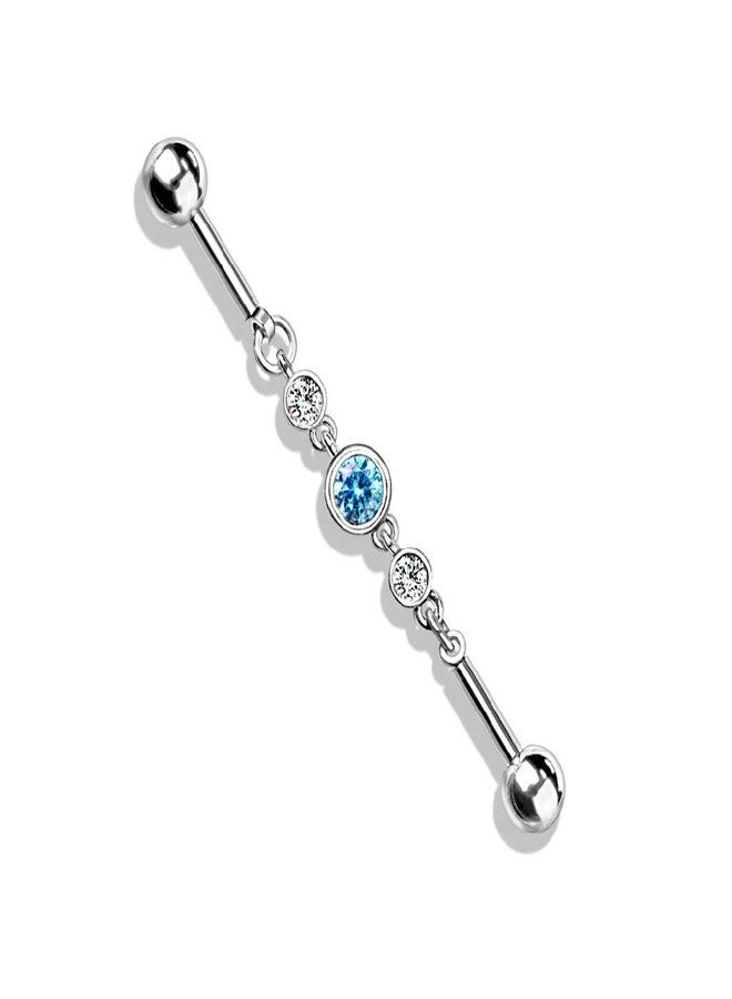 Pierced Owl 14GA Triple CZ Rounds on a Chain 316L Surgical Stainless Steel Industrial Barbell for Cartilage (Clear/Aqua) - Image 1