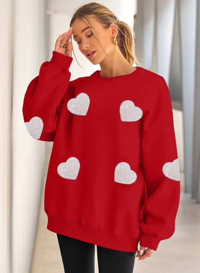 MAXIMGR Valentines Sweatshirt Women Teacher Valentine Shirts sequin Love Heart Graphic Tee Valentine's Day Gift Pullover, Red 2, XXL - Image 3