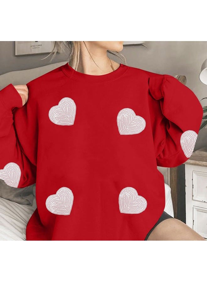 MAXIMGR Valentines Sweatshirt Women Teacher Valentine Shirts sequin Love Heart Graphic Tee Valentine's Day Gift Pullover, Red 2, XXL - Image 2