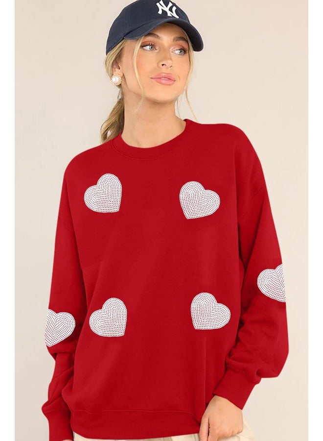 MAXIMGR Valentines Sweatshirt Women Teacher Valentine Shirts sequin Love Heart Graphic Tee Valentine's Day Gift Pullover, Red 2, XXL - Image 4