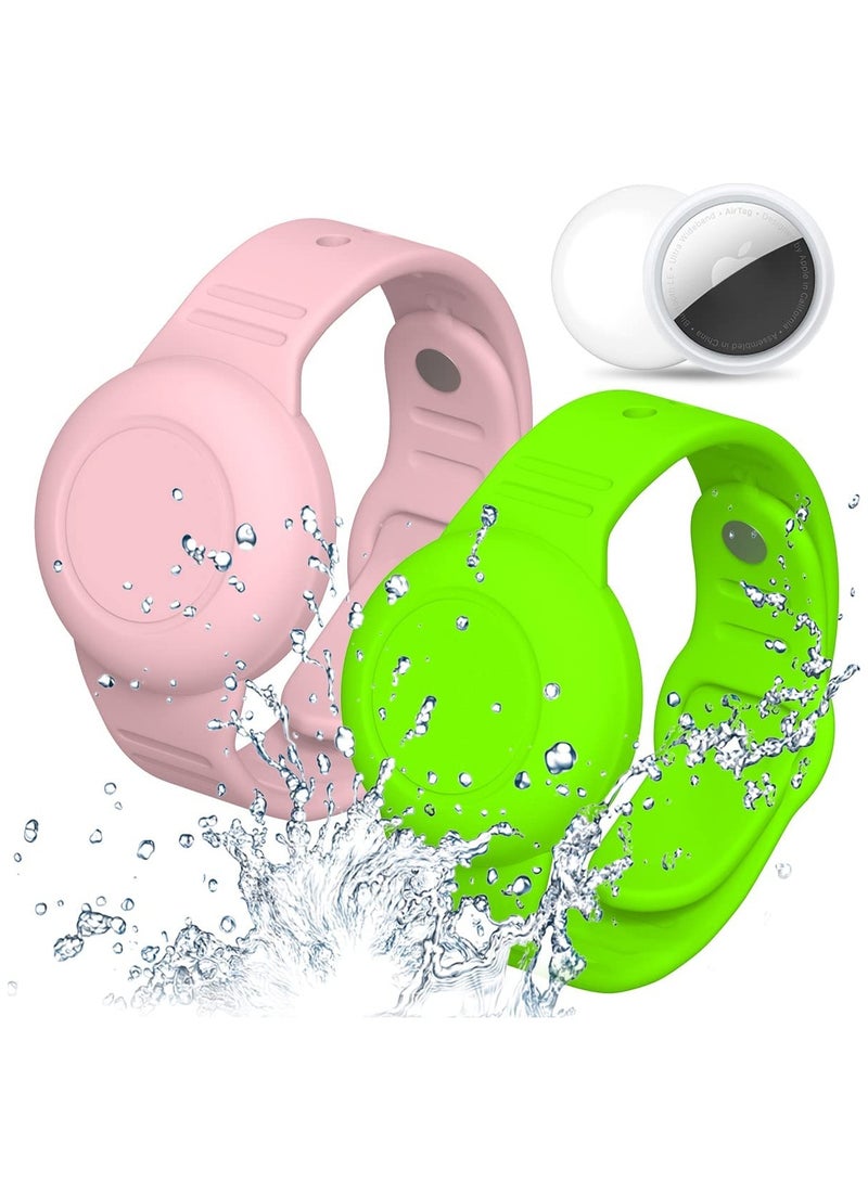 2 Pack Airtag Bracelet for Kids Waterproof Silicone Wristband Full Case Cover for Apple Airtag Holder Anti Lost Watch Band Hidden Accessories for Toddler Child Strap Pink And Green - Image 1