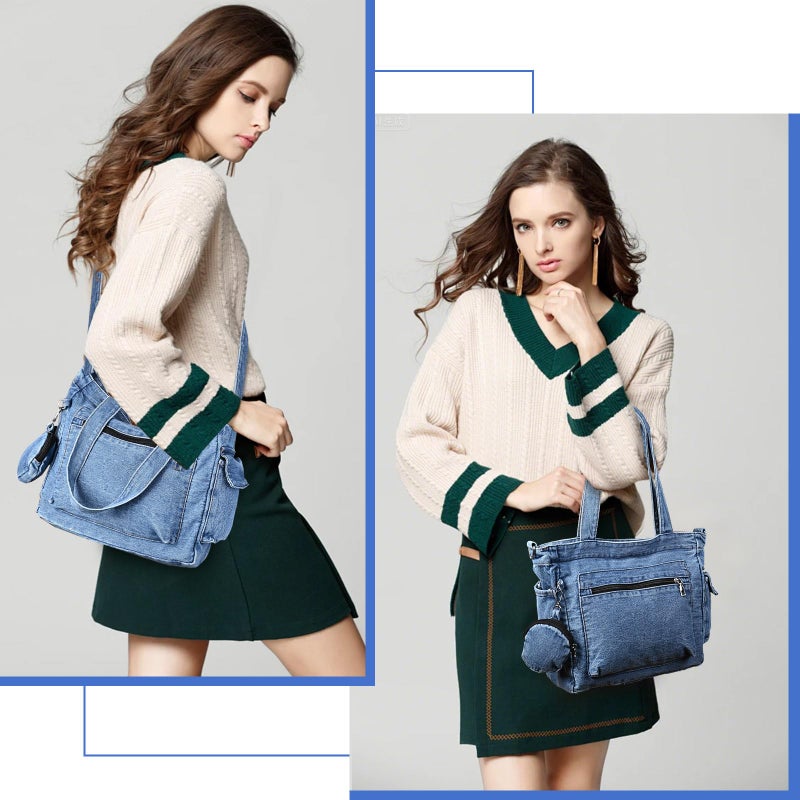 Extolove Denim Tote Bag Jean Purses for Women Denim Crossbody Bags with Small Purse Shoulder Handbag (Blue) - Image 3
