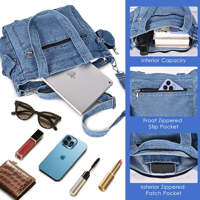Extolove Denim Tote Bag Jean Purses for Women Denim Crossbody Bags with Small Purse Shoulder Handbag (Blue) - Image 5