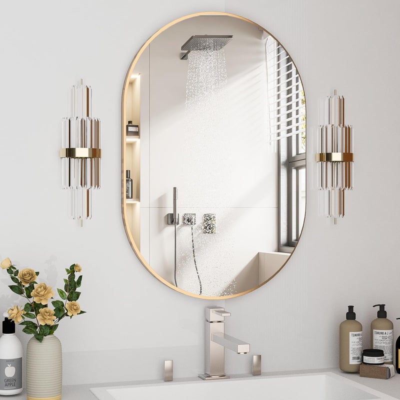 NEUWEABY Oval Bathroom Mirror Capsule Wall Vanity Mirror 20x30 Pill Mirrors Wall Mounted Mirror Large Modern Mirror with Gold Metal Frame Decor for Entryway Bedroom Living Room