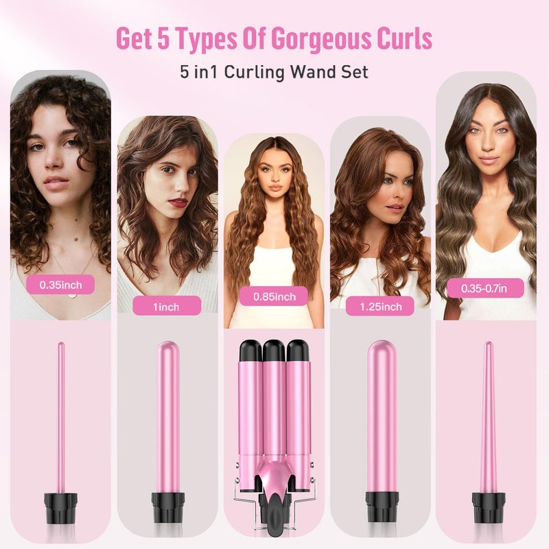 BESTOPE PRO Waver Curling Iron Wand - BESTOPE PRO 5 in 1 Curling Wand Set with 3 Barrel Hair Crimper for Women, Fast Heating Crimper Wand Curler in All Hair Type, Women Gifts - Pink - Image 2