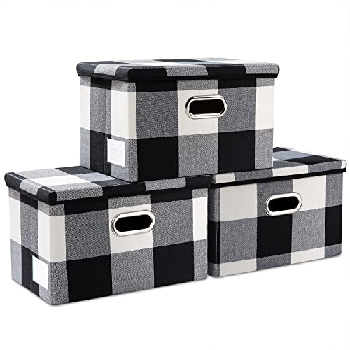 PRANDOM Collapsible Storage Bin with Lid [3-Pack] Fabric Foldable Storage Box Organizer Container Basket Cube with Cover for Home Bedroom Closet Office Nursery Black and White Grid(14.9x9.8x9.8) - Image 1