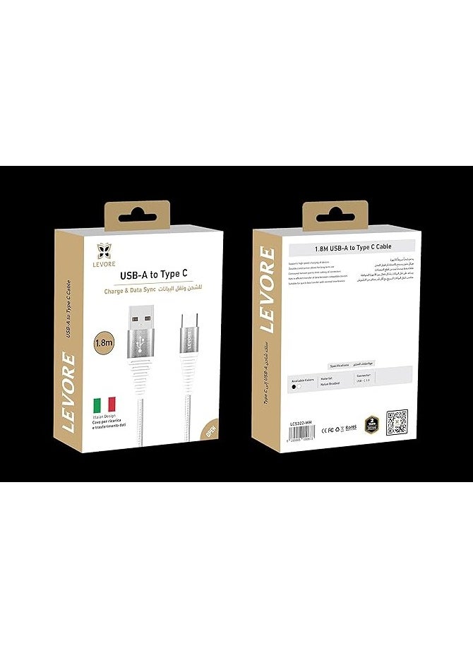 LEVORE Levore Nylon USB-A to USB-C Cable, 1.8 Meter Length, White  - Image 1